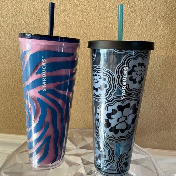 Starbucks Blue Wave Abstract Flower Tumbler Zebra Print Tumbler 24 ounces - Picture 1 of 14
